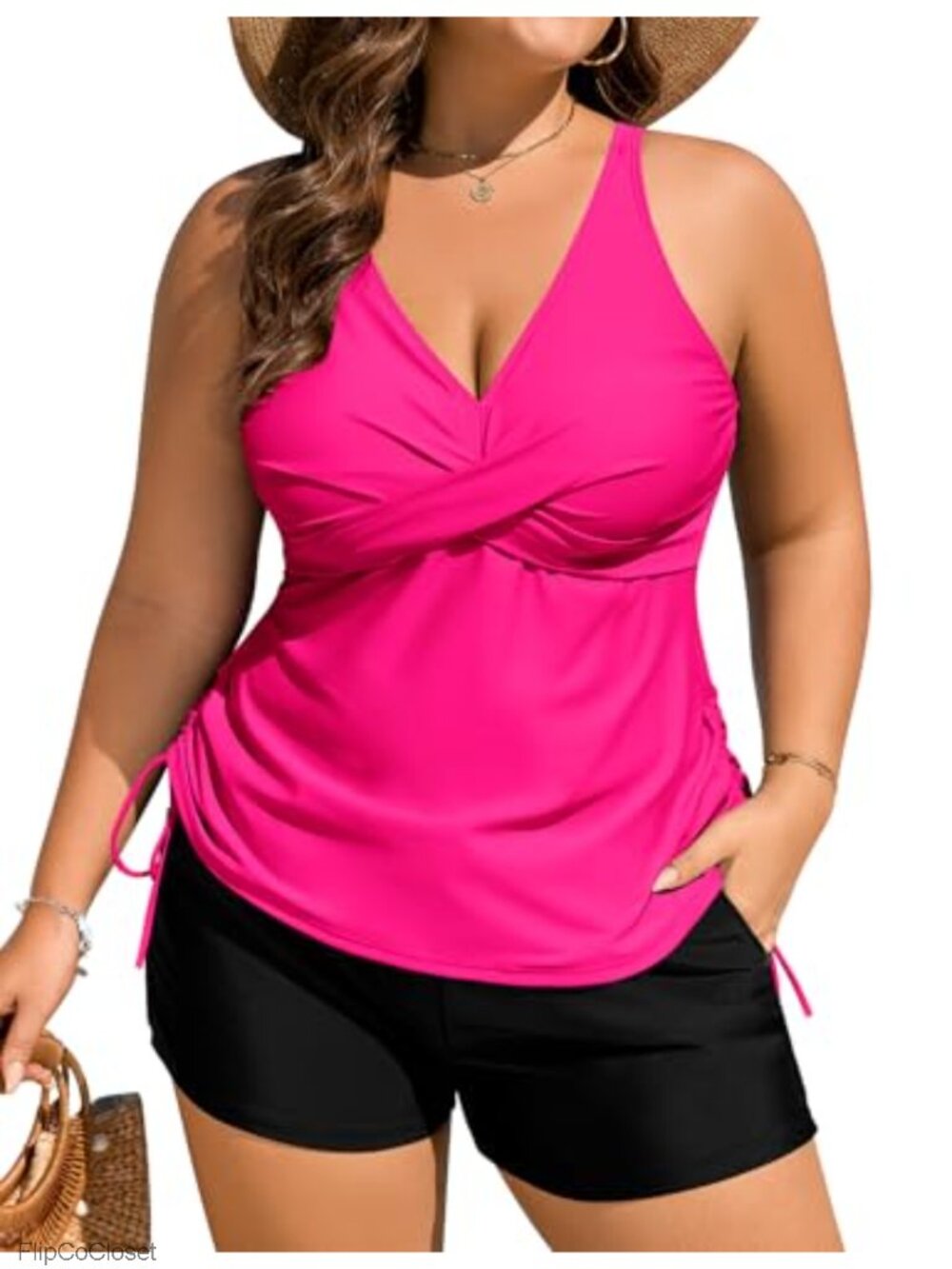 Plus Size Tankini Swimsuit Set Criss Cross V Neck High Waist